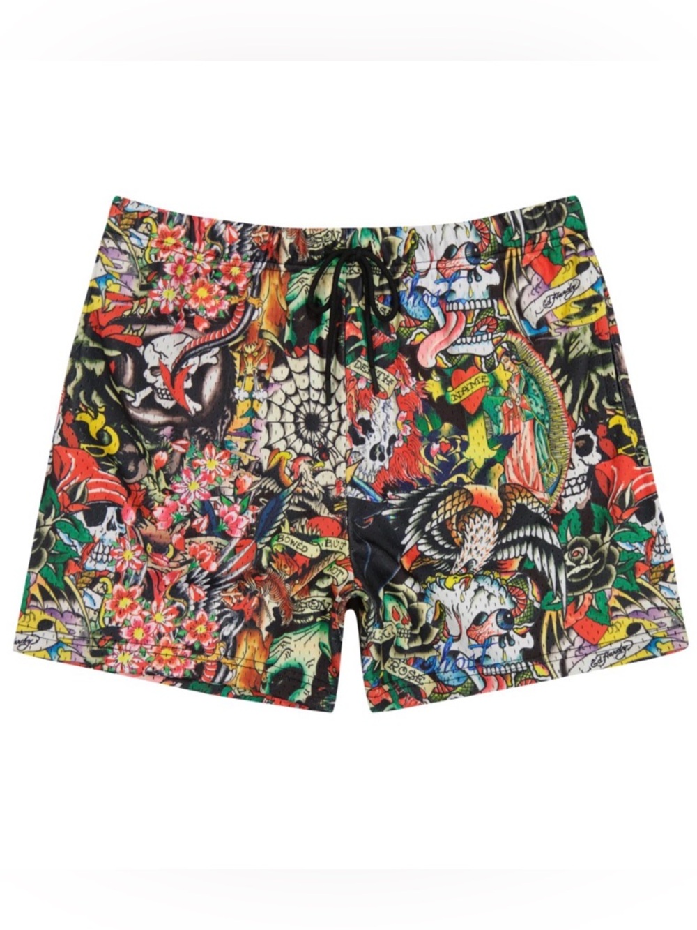 Ed Hardy Tattoo Collage Multicolor Drawstring Shorts